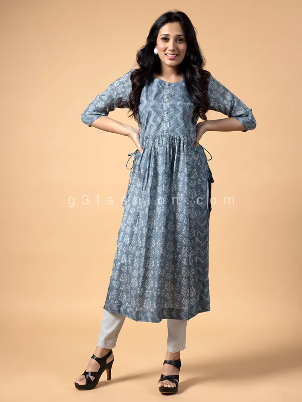 Grey cotton long printed kurti