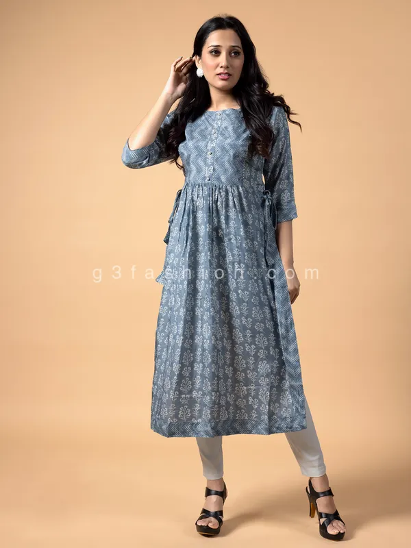 Grey cotton long printed kurti