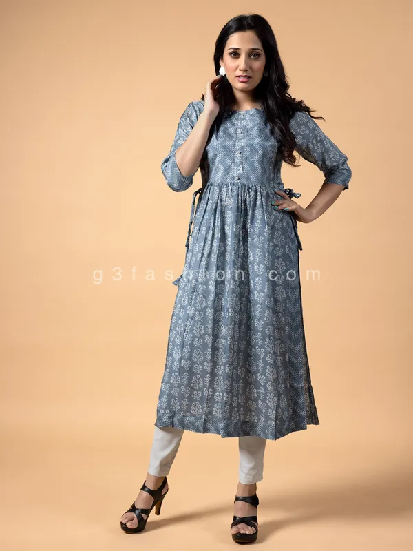 Grey cotton long printed kurti