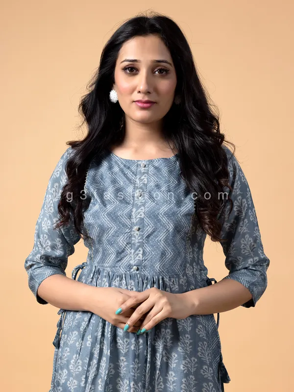 Grey cotton long printed kurti