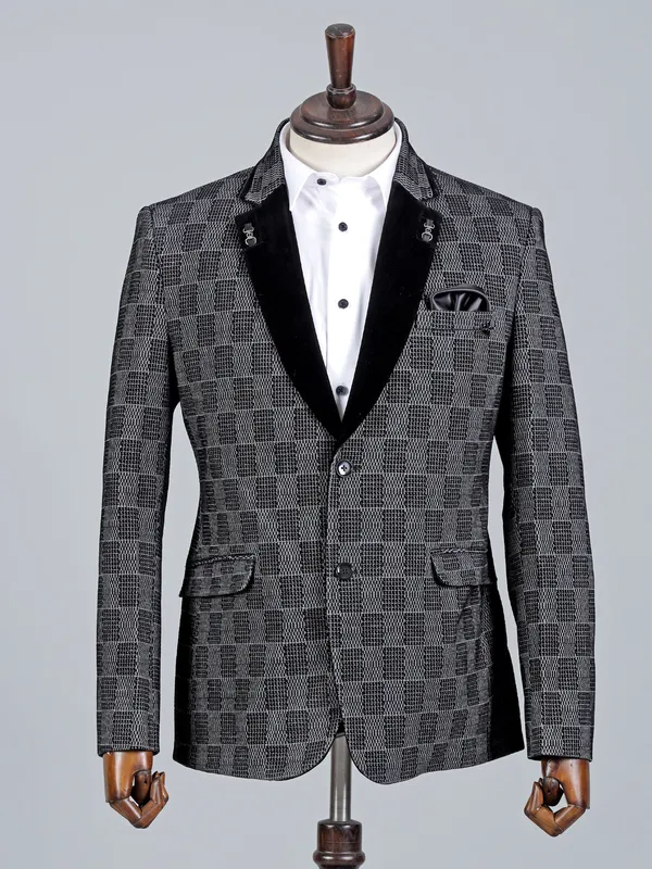 Grey cotton men blazer with textured pattern