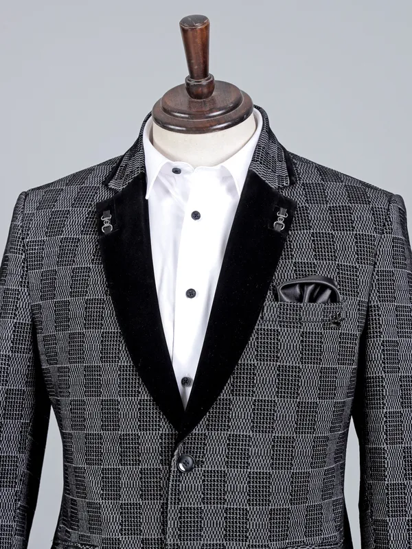 Grey cotton men blazer with textured pattern