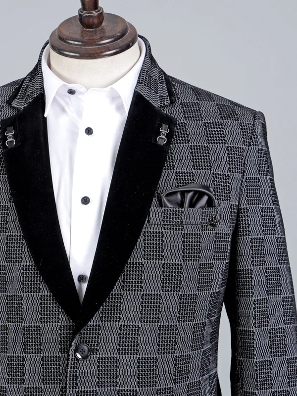 Grey cotton men blazer with textured pattern