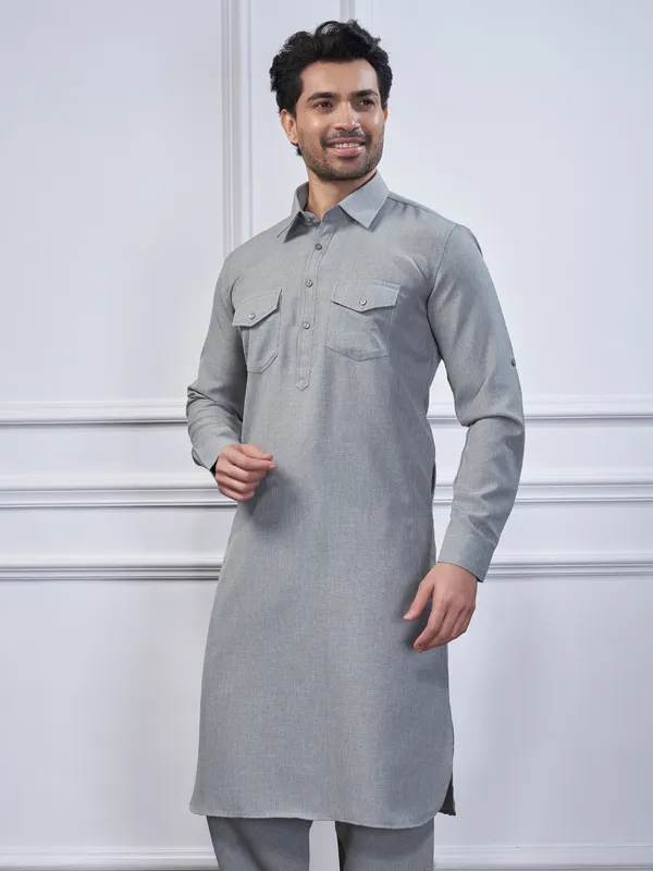 Grey cotton pathani kurta suit for men