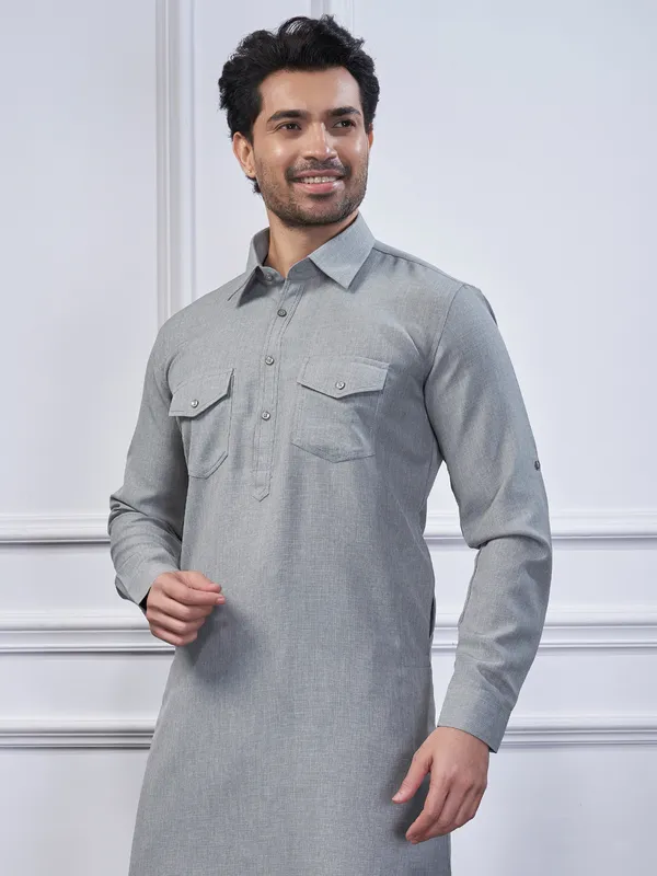 Grey cotton pathani kurta suit for men