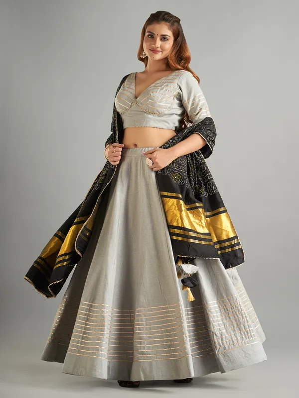 Grey cotton plain lehenga choli