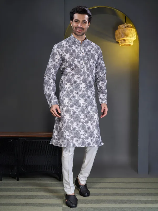 Grey cotton printed kurta pajama