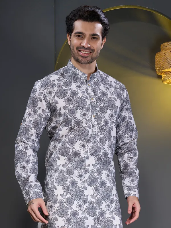 Grey cotton printed kurta pajama