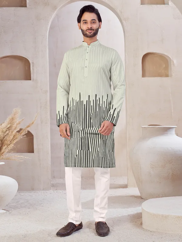 Grey cotton printed men kurta suit