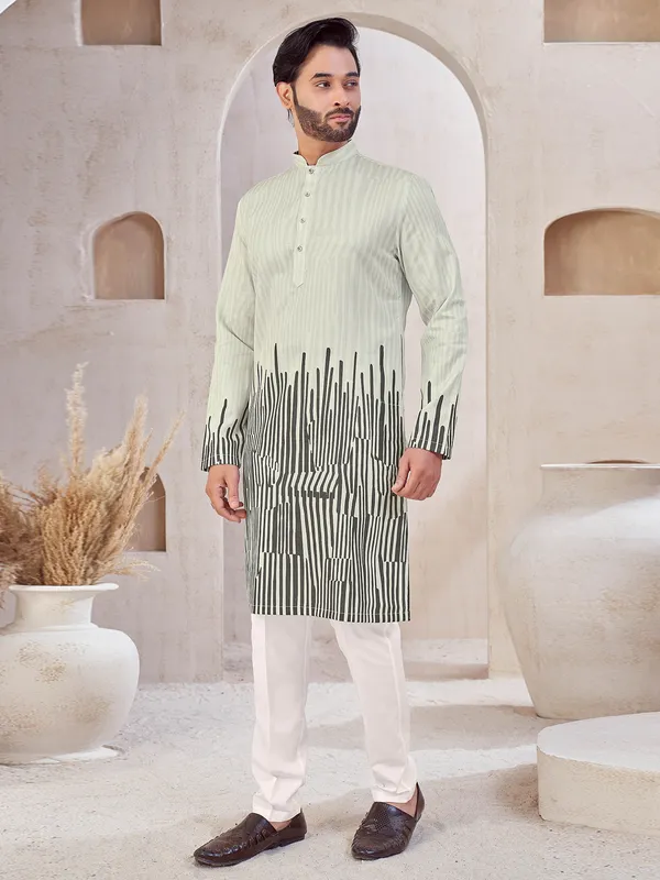 Grey cotton printed men kurta suit