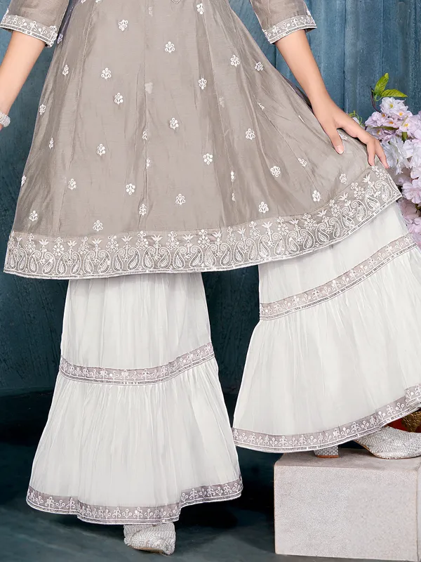 Grey cotton sharara suit with dupatta