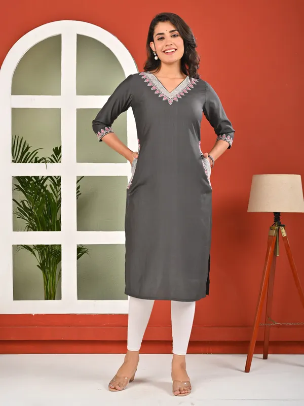 Grey cotton silk embroidered kurti with pockets