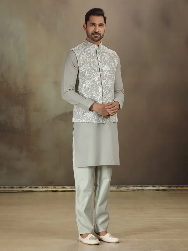 Grey cotton silk embroidered waistcoat set
