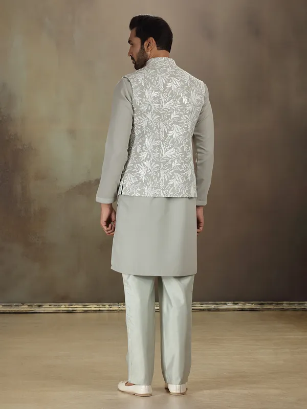 Grey cotton silk embroidered waistcoat set