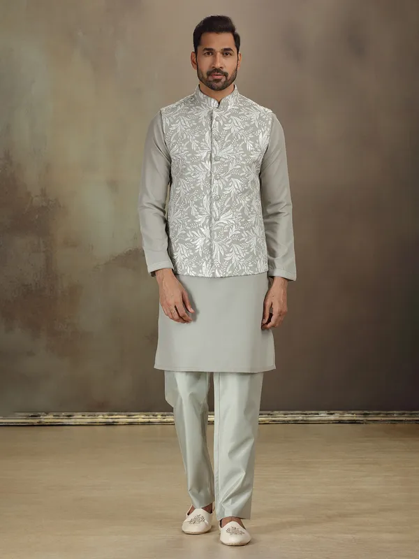 Grey cotton silk embroidered waistcoat set