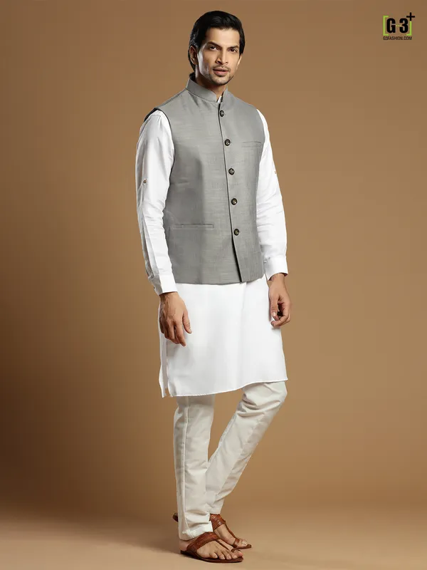 Grey cotton silk festive wear men waistcoat set