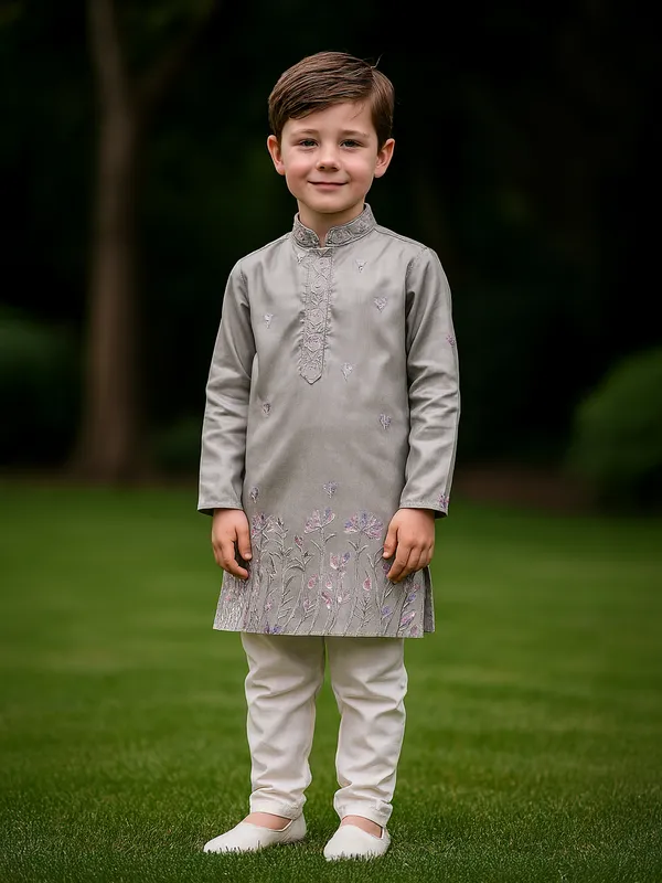 Grey cotton silk kurta suit with embroidery