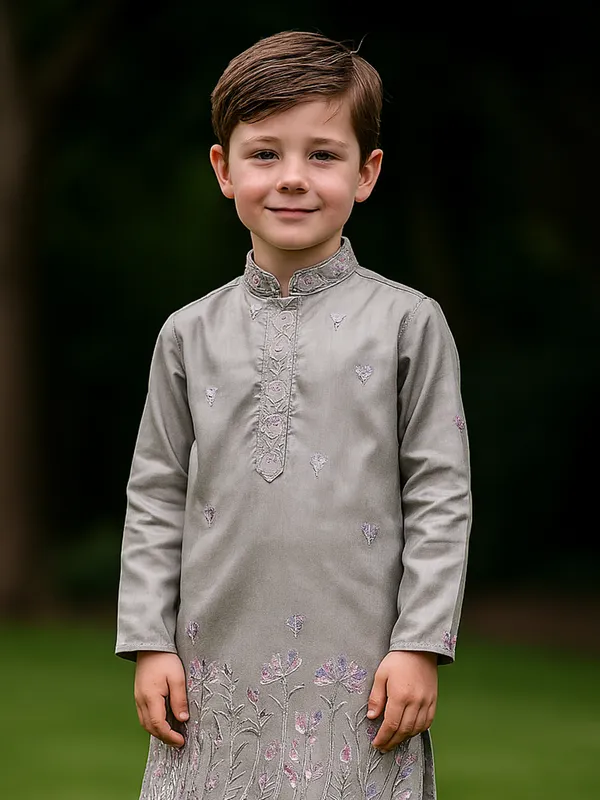 Grey cotton silk kurta suit with embroidery