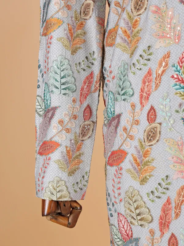 Grey cotton silk kurta suit with multicolor thread work