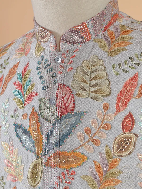 Grey cotton silk kurta suit with multicolor thread work