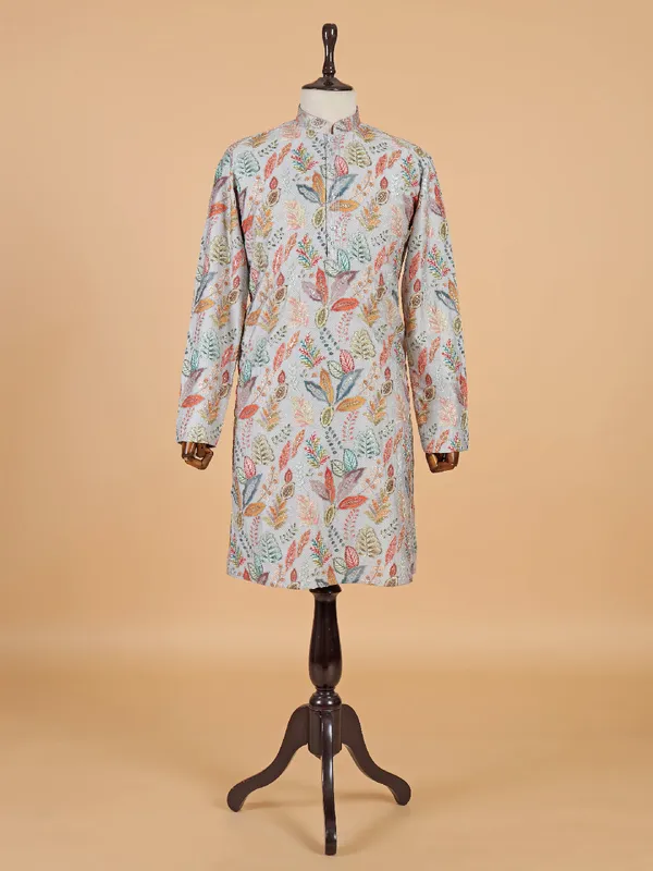 Grey cotton silk kurta suit with multicolor thread work