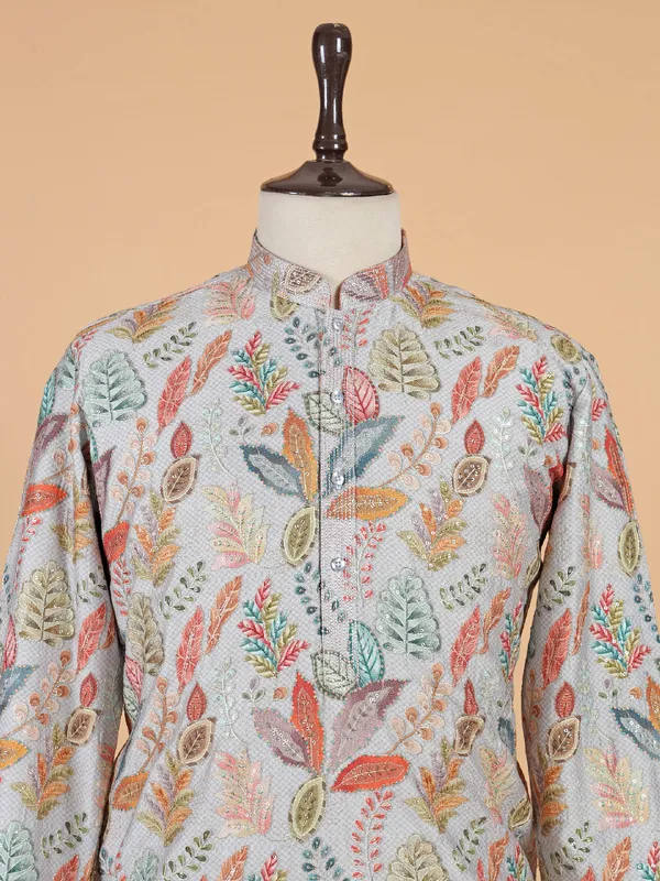 Grey cotton silk kurta suit with multicolor thread work
