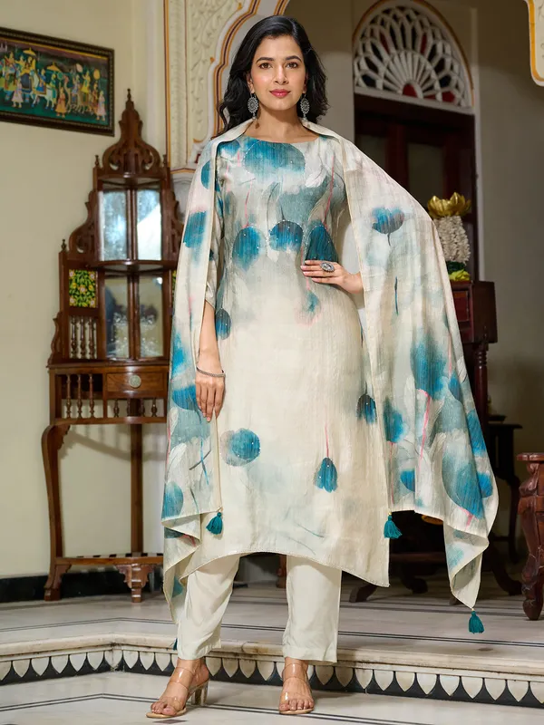 Grey cotton silk kurti set with dupatta