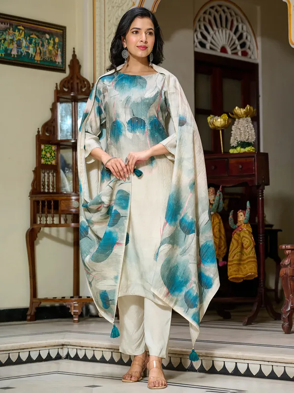Grey cotton silk kurti set with dupatta