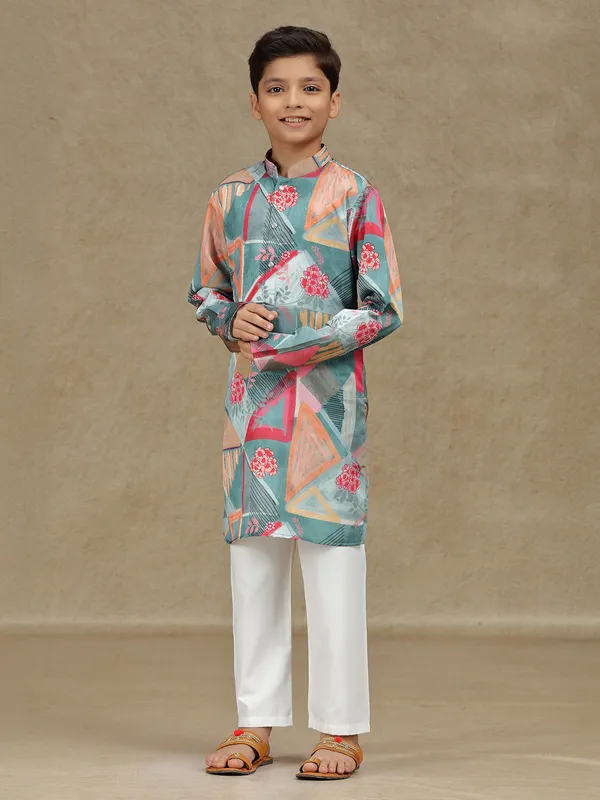 Grey cotton silk printed kurta set for boys