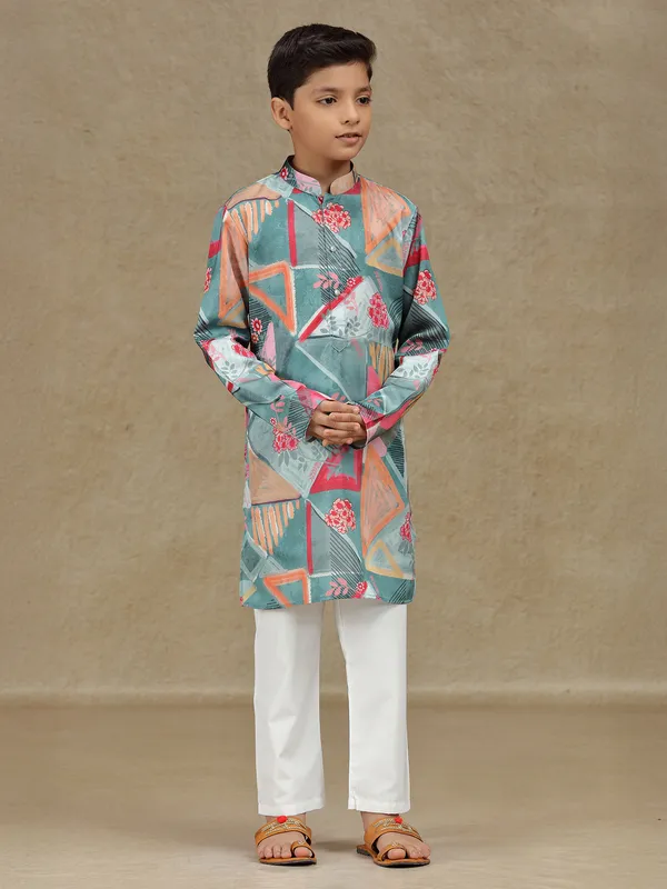 Grey cotton silk printed kurta set for boys