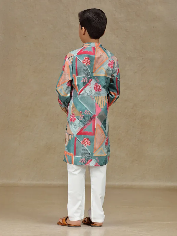 Grey cotton silk printed kurta set for boys