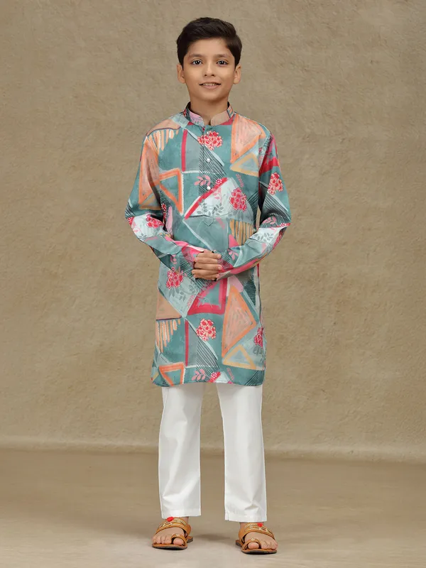 Grey cotton silk printed kurta set for boys