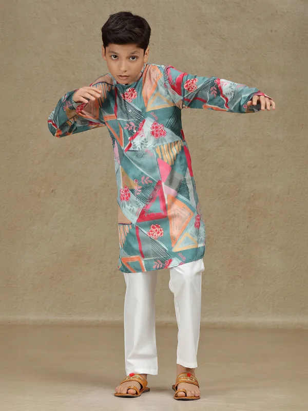Grey cotton silk printed kurta set for boys