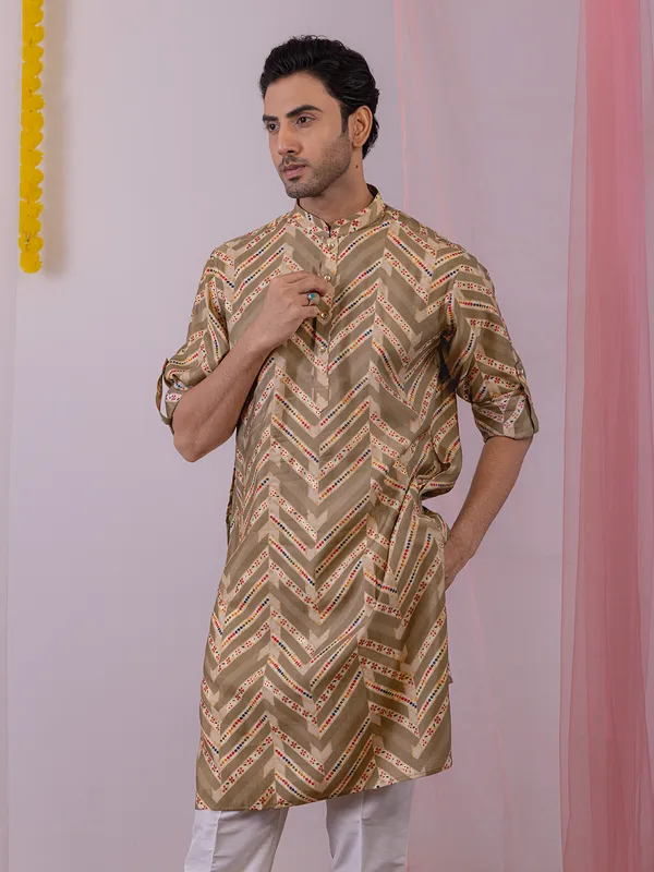 Grey cotton silk printed men kurta