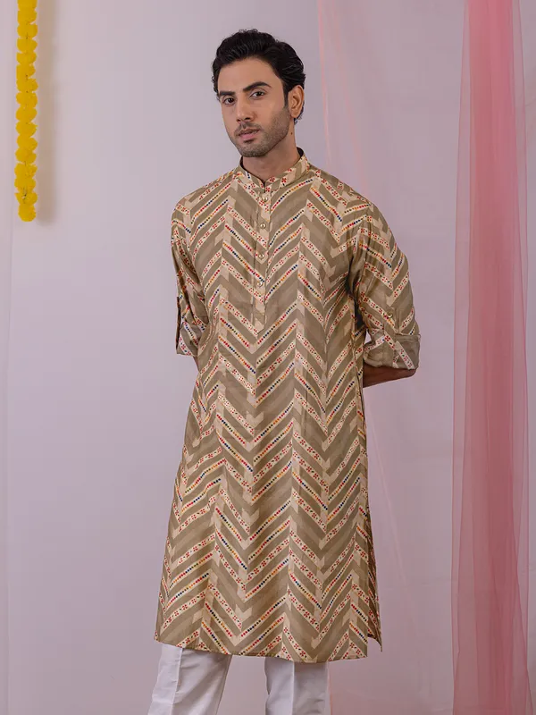 Grey cotton silk printed men kurta
