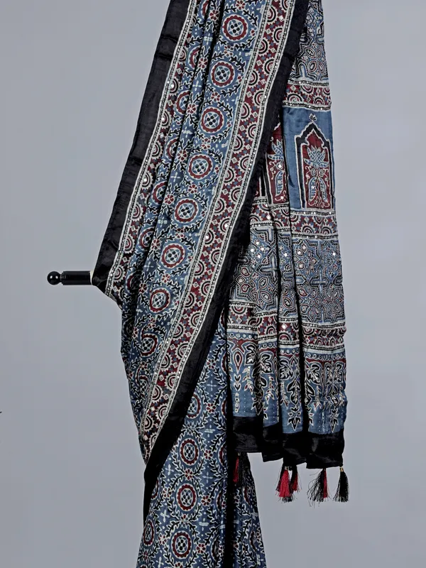 Grey cotton silk saree with ajarakh print work