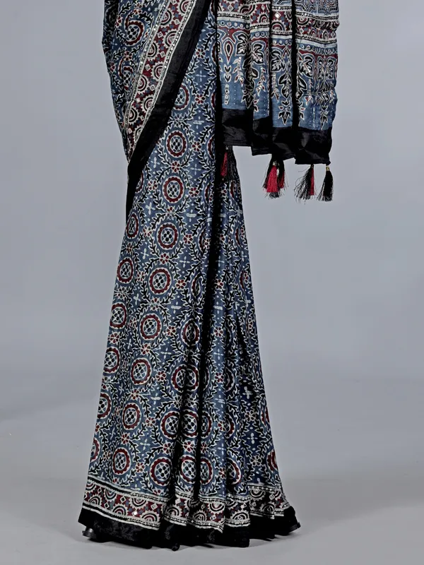 Grey cotton silk saree with ajarakh print work