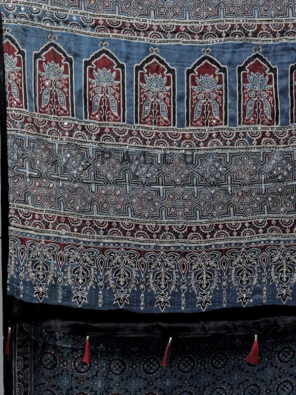 Grey cotton silk saree with ajarakh print work