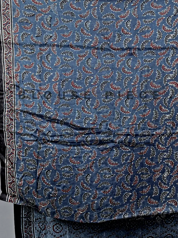Grey cotton silk saree with ajarakh print work