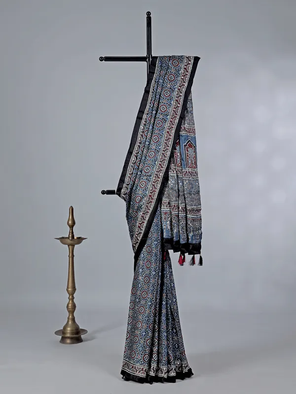 Grey cotton silk saree with ajarakh print work