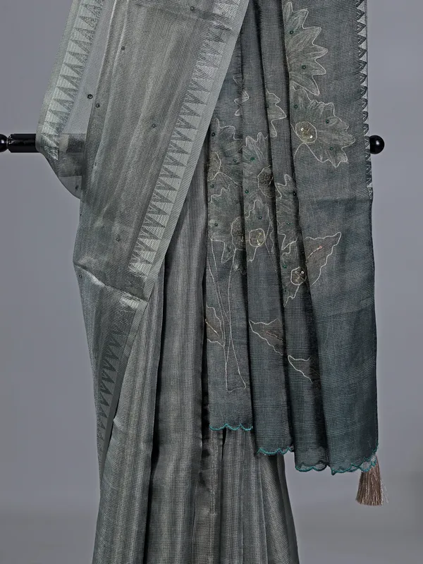 Grey cotton silk saree with resham and cutdana