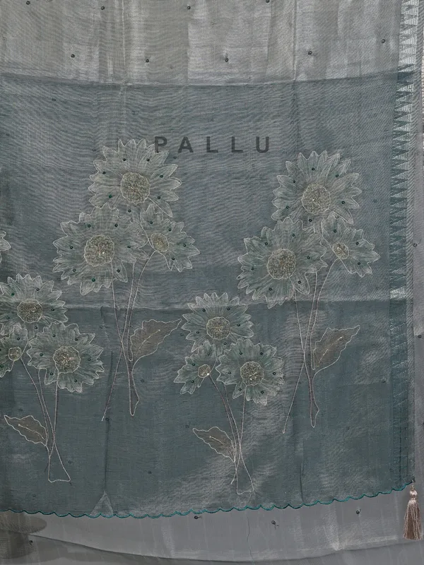 Grey cotton silk saree with resham and cutdana