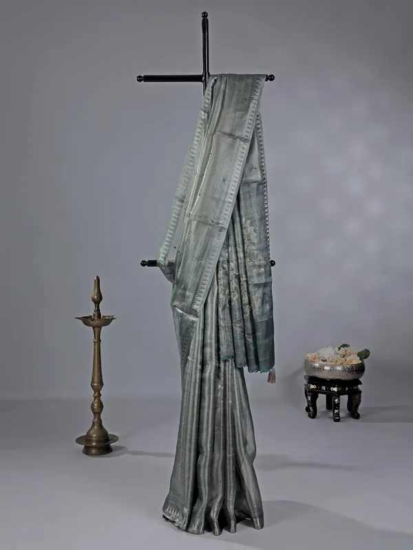 Grey cotton silk saree with resham and cutdana