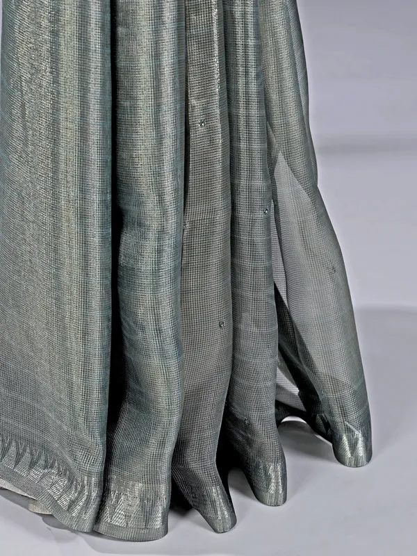 Grey cotton silk saree with resham and cutdana
