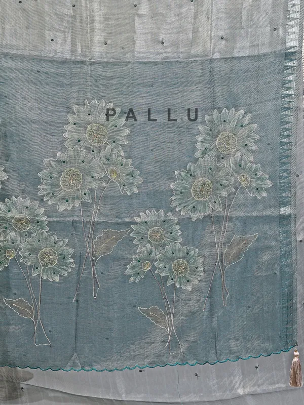 Grey cotton silk saree with resham and cutdana