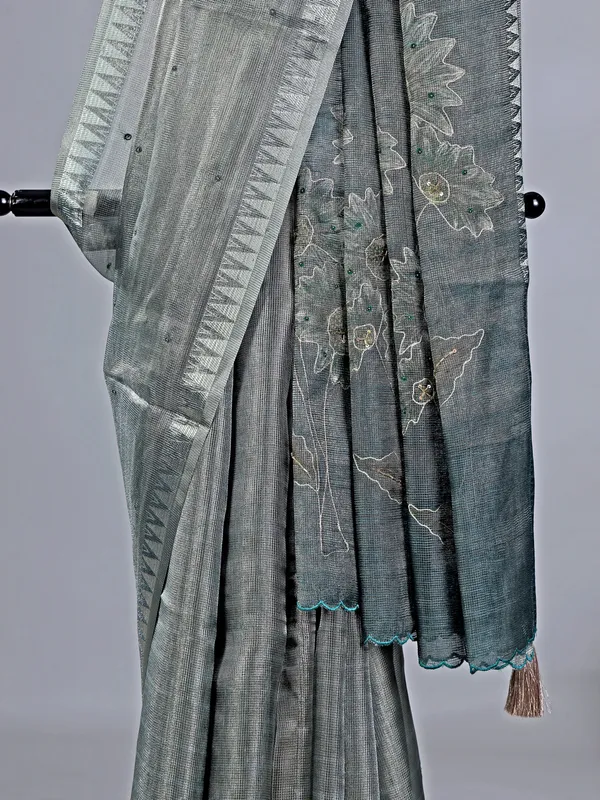 Grey cotton silk saree with resham and cutdana