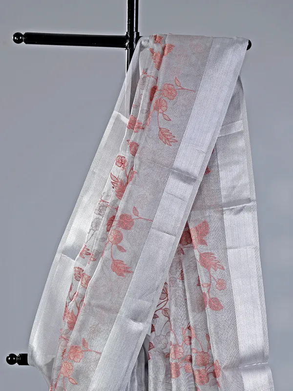 Grey cotton silk saree with thread work