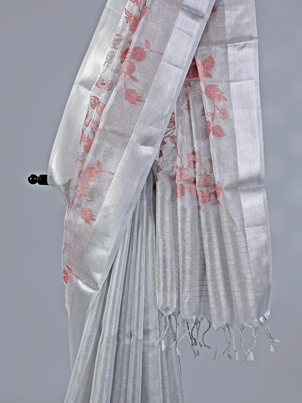 Grey cotton silk saree with thread work