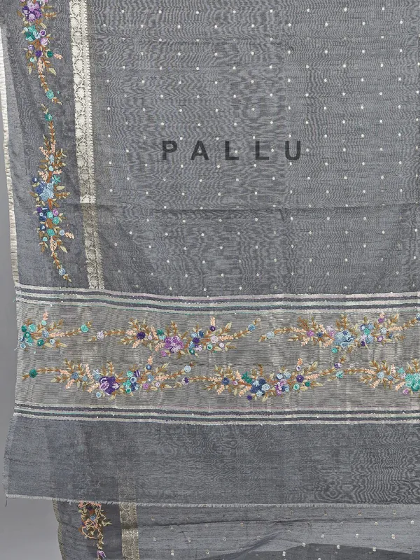 Grey cotton silk saree with zari thread detailing