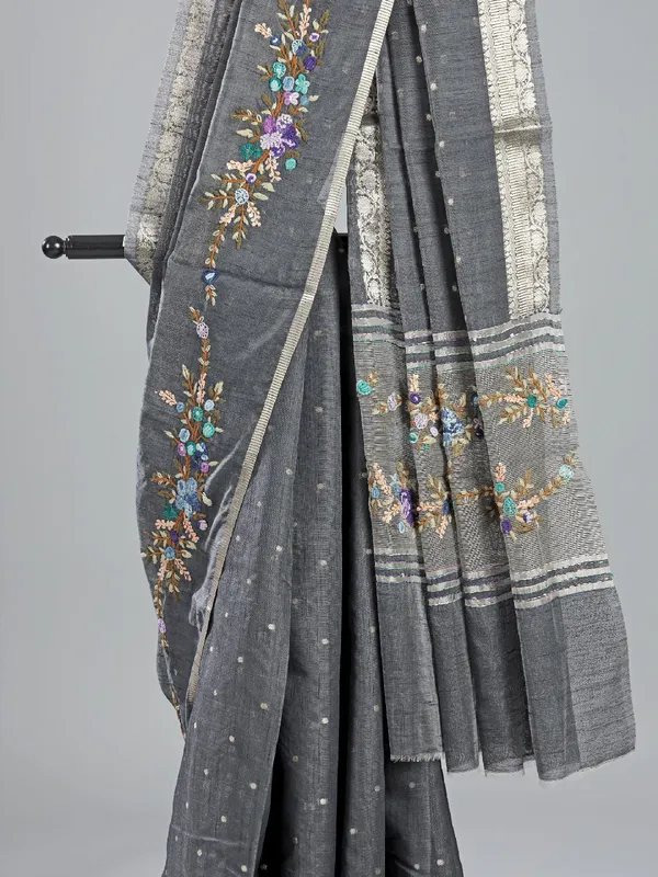 Grey cotton silk saree with zari thread detailing